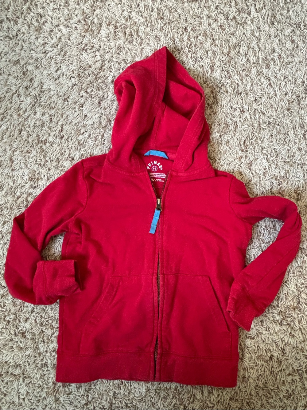 Primary Cherry Red Zip Up Cotton Hoodie Sweatshirt Size 4-5